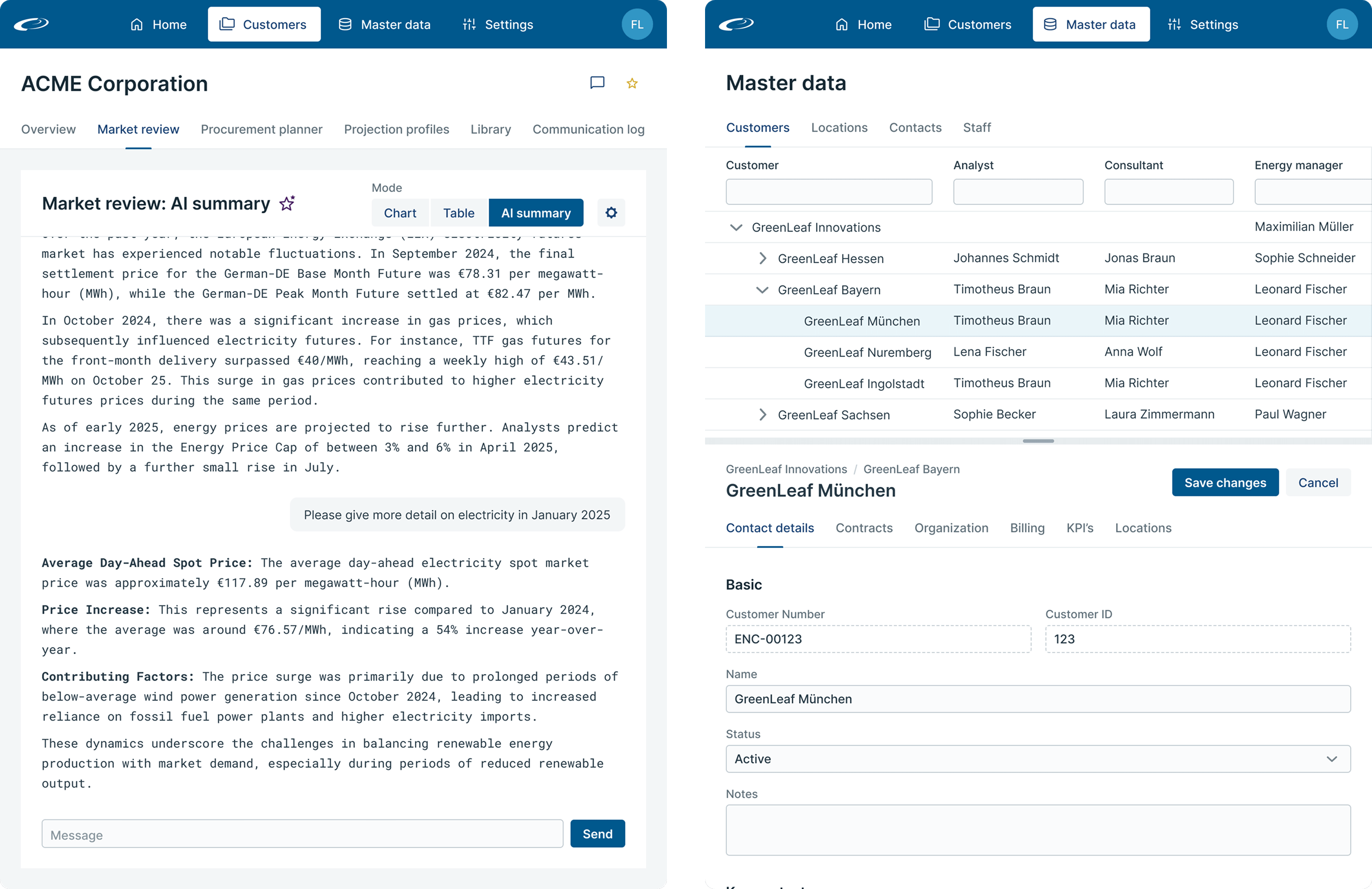 AI generated summary of market events. Master-detail grid.